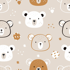 Cute cartoon bear seamless pattern. Cute hand-drawn Animal Background. Vector illustration. Childish pattern for fabric, wallpaper, textile, wrapping, kids design, print designs