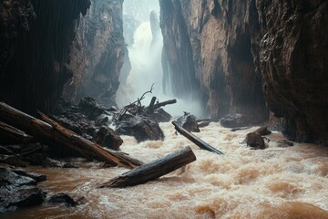 A rushing river carved through a rocky canyon.