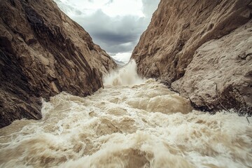 Powerful torrent flowing through a rocky gorge.