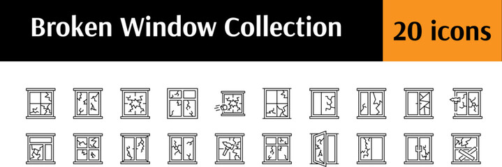 Set of Broken Window Related Line Icons. Outline Signs for Graphic and Web Design, Apps, Adverts, Various Cards