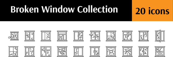Broken Window Line Icon Pack. Outline Signs for Graphic and Web Design, Apps, Adverts, Various Cards
