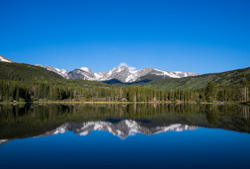Mountains and Hallet Point reflected in Sprague Lake at Rocky Mountain National Park
