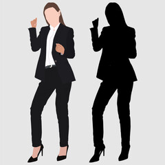 A businesswoman celebrates success with a joyful dance, depicted in both a color illustration and a stark silhouette.