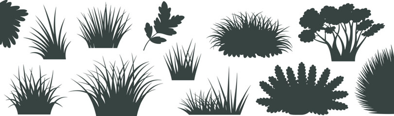 Vector illustration of assorted bush, grass, and shrub silhouettes, ideal for landscape design, gardening, park elements, decoration, and nature scenes