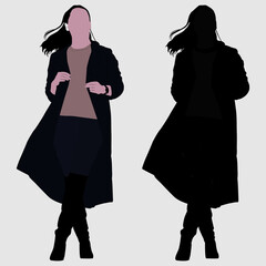 A woman in a long coat, illustrated with and without color