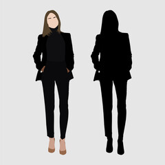 Woman in a black business suit with a turtleneck, full body and silhouette view