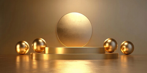 A luxurious golden product display featuring metallic spheres and an elegant stage.
