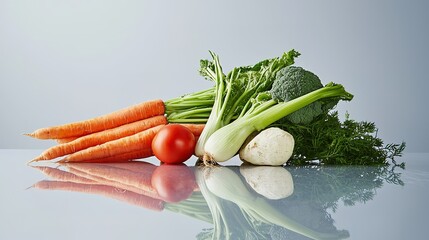 Fresh carrots, tomato, fennel, broccoli, and celeriac arranged on a reflective surface with a clean background.