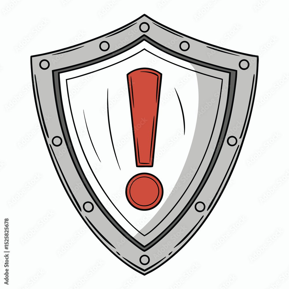 Poster shield icon with red exclamation mark representing important information or alert