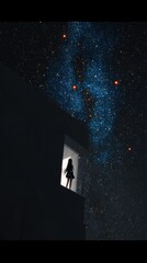 A dark figure stands in a window looking at the night sky filled with stars and light