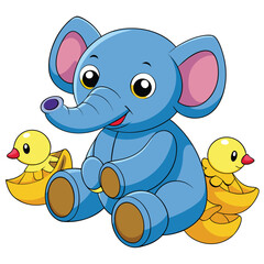 Obraz premium Adorable blue elephant with yellow ducklings cartoon illustration