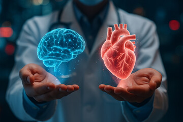 AI generated digital image showing a futuristic doctor holding a glowing brain and heart, symbolizing balance between intelligence and emotion in advanced medical science.