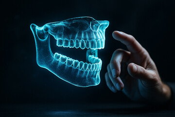 AI generated 3D holographic model of human jaw floating in a dark sci fi lab with a hand gesture controlling the interface symbolizing futuristic dental diagnostics
