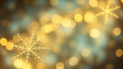 Festive background with golden snowflakes and blurred lights, creating a magical winter atmosphere