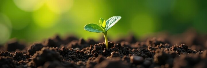 Naklejka premium Close up of seedling breaking through soil, representing growth, start, sprout