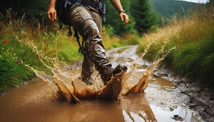 Fototapeta premium Hiker accidentally stepping into muddy puddle during nature walk, splash captured mid-air.