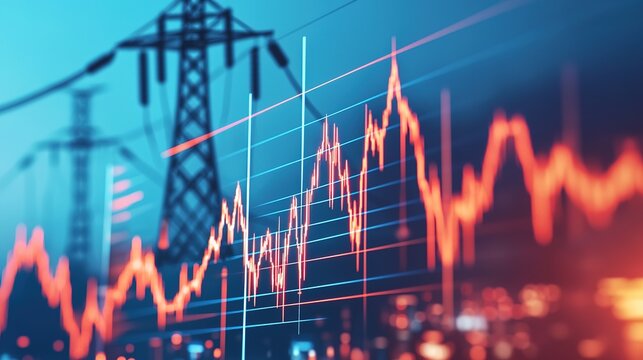 Electricity pylons with a fluctuating financial graph overlay, symbolizing energy market trends and power industry analytics. - Powered by Adobe