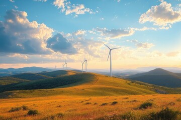 Obraz premium Rolling green hills with golden grass under a bright blue sky dotted with fluffy clouds, featuring multiple wind turbines generating clean energy at sunset