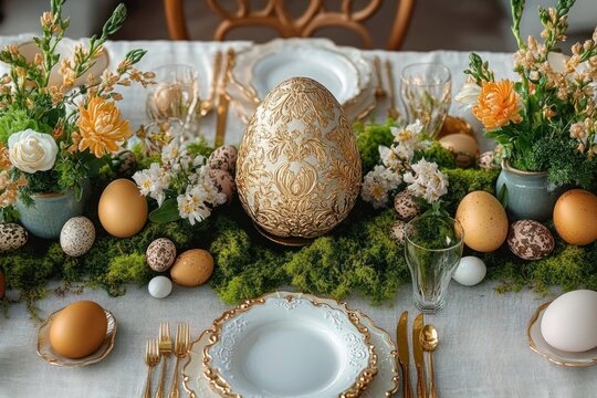 Elegant table setting with ornate golden egg centerpiece surrounded by green moss, various decorative eggs, floral arrangements, and fine china with gold accents