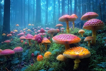 Vibrant colorful forest floor filled with mushrooms.