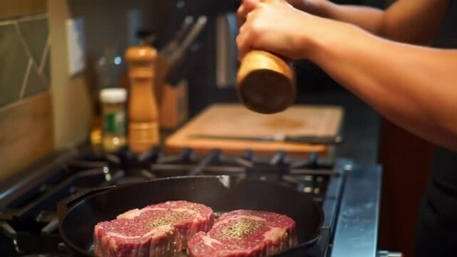 A close-up of a young  man seasoning two raw steaks in a frying pan. The kitchen background is blurred, focusing on the cooking process.