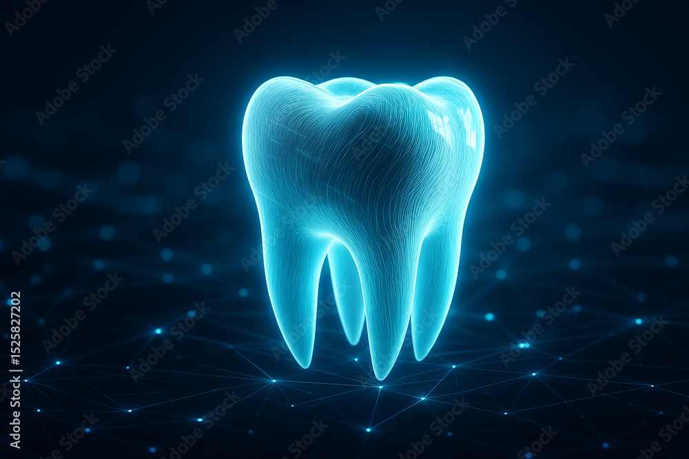 Aufkleber ai generated luminous 3d tooth with abstract molecular texture floating over a digital network backg