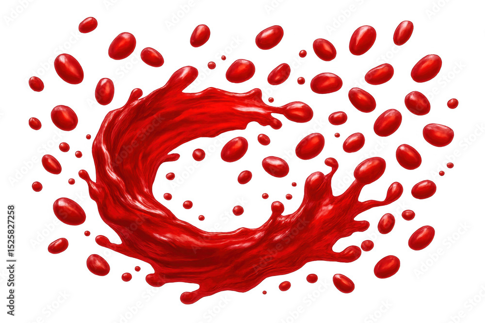 Poster vibrant red juice splashing, creating circular droplet pattern against transparent backdrop, ideal f