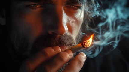 Fototapeta premium Close-up of a bearded man with intense expression smoking a lit cigar with glowing ember surrounded by swirling smoke in a dark setting