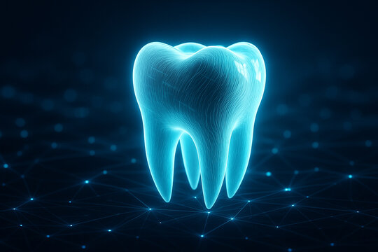 AI generated luminous 3D tooth with abstract molecular texture floating over a digital network background symbolizing high tech dental analysis futuristic diagnostics and precision healthcare systems