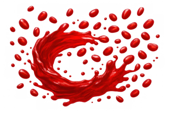 Vibrant red juice splashing, creating circular droplet pattern against transparent backdrop, ideal for beverage marketing campaign