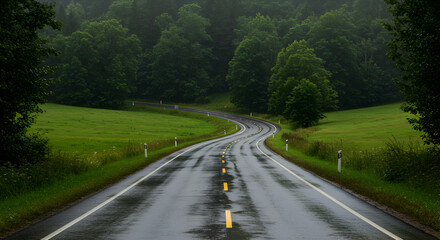 Fototapeta premium Winding Road Through Lush Green Fields on a Rainy Day