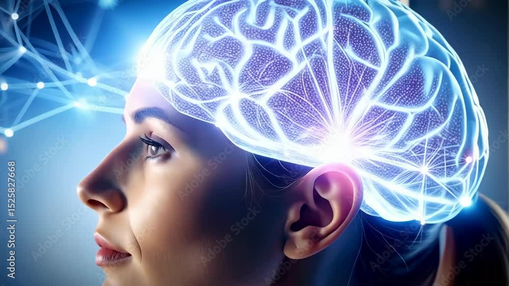 Poster woman profile with transparent brain displaying neural connections, cognitive functions, and abstrac