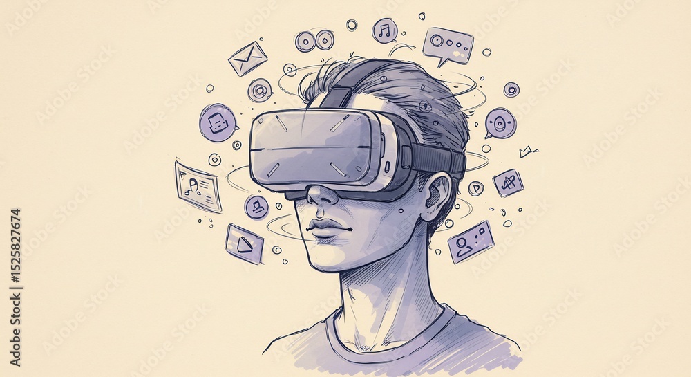 Poster person using virtual reality headset with digital interface sketch