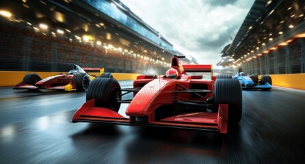 High-speed race with three colorful formula race cars speeding down a wet race track under dramatic cloudy sky and bright arena lights