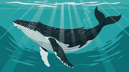 Flat Design Illustration of a Humpback Whale Swimming Gracefully Through a Sunlit Turquoise Ocean