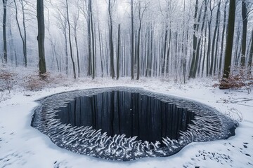 Frozen woodland pool reflecting winter trees.