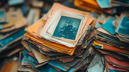 A forgotten stack of memories aged photos hinting at lives lived with untold stories in warm muted lighting and a