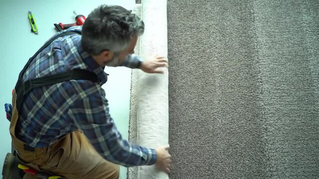Carpet Installation By A Tradesman With Plaid Shirt Using Nail Gun With Gray Carpet Against A Light Blue Wall Background