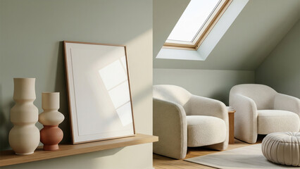Mockup poster frame on wooden shelf in cozy attic lounge with sculptural vases, soft armchairs, and skylight window