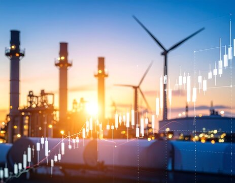 Industrial sunrise with financial data overlay