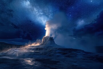 Nighttime geyser erupting amidst starry sky.