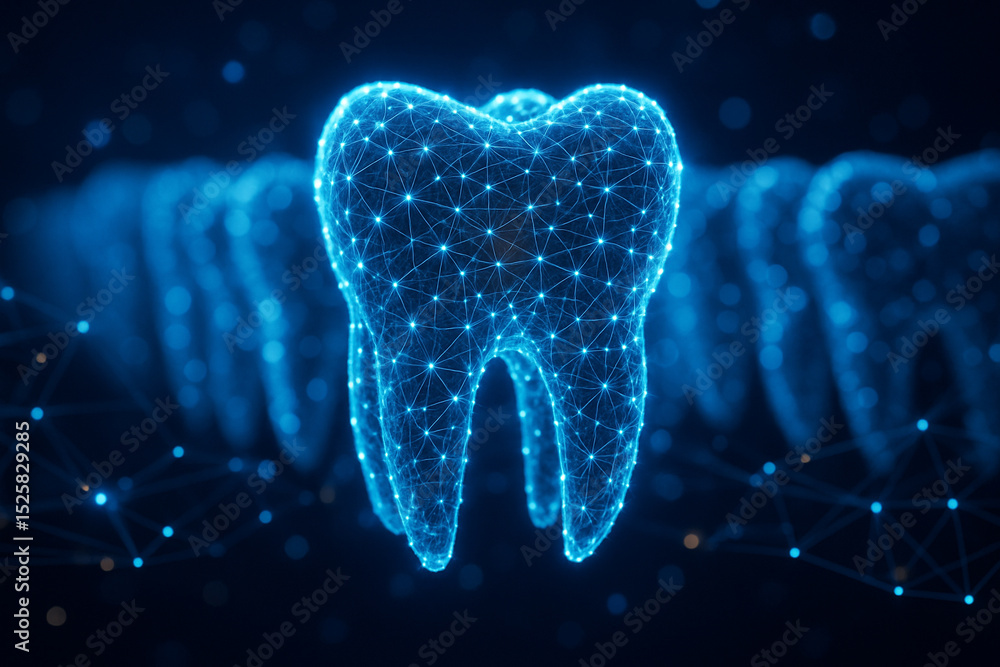 Poster ai generated glowing digital tooth made of connected blue light nodes with multiple teeth in depth o