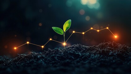 Small green plant growing from dark soil illuminated by glowing orange connected dots forming a rising graph line symbolizing growth and progress