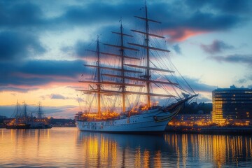 Large sailing ship docked in harbor at sunset with glowing lights reflecting on calm water beside...