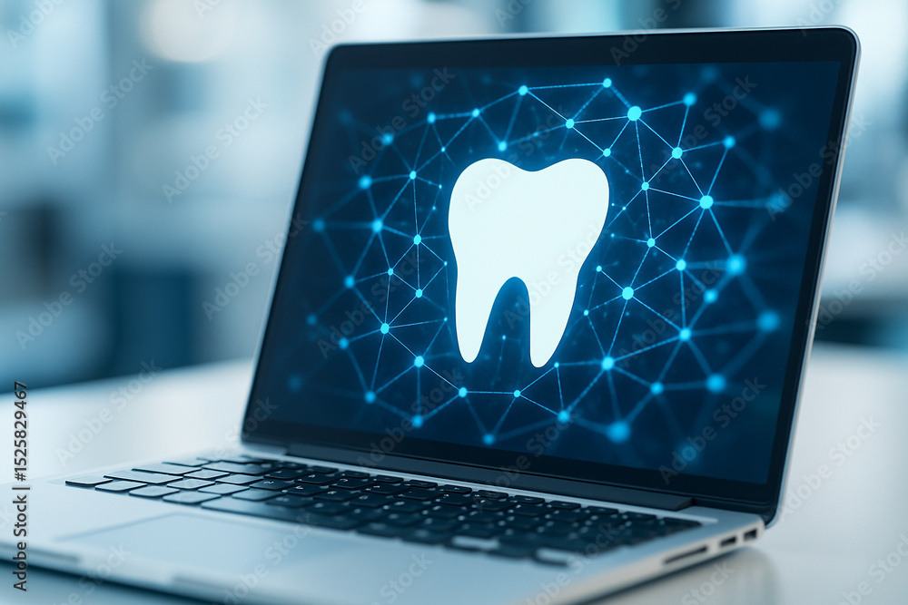 Aufkleber ai generated image of a laptop displaying a white tooth icon centered in a glowing digital network m
