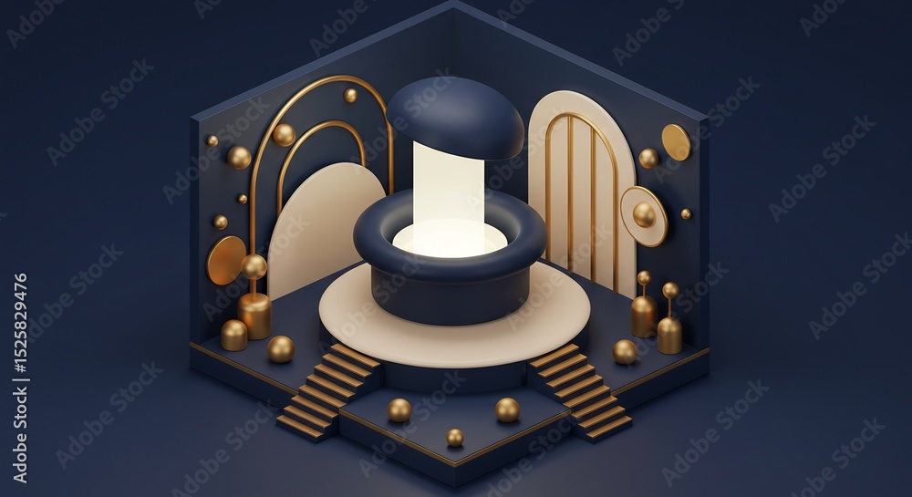 Poster abstract podium with glowing light and geometric shapes in isometric view