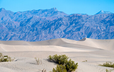 Mesquite Flat Sand Dunes with mountain range and cloudless sky on background. Death Valley National Park California