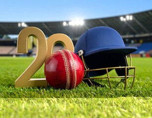 Cricket ball and helmet on field, 20XX