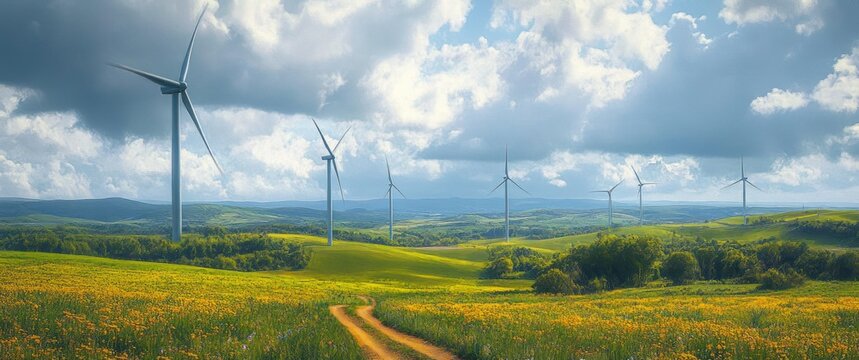 Wide green landscape with rolling hills covered in yellow wildflowers and a clear blue sky with scattered clouds and multiple white wind turbines scattered throughout the field - Powered by Adobe