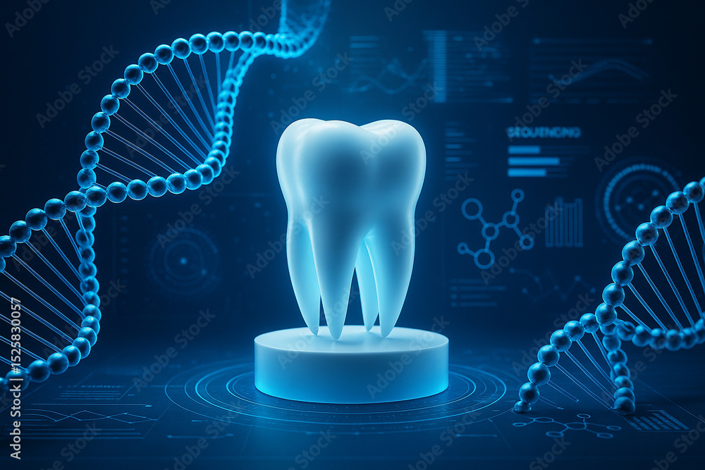 Aufkleber ai generated 3d tooth on glowing platform surrounded by luminous dna strands data charts and molecul